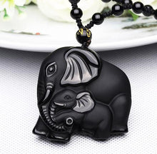 Load image into Gallery viewer, NATURAL BLACK OBSIDIAN CARVED MOTHER ELEPHANT NECKLACE
