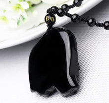 Load image into Gallery viewer, NATURAL BLACK OBSIDIAN CARVED MOTHER ELEPHANT NECKLACE