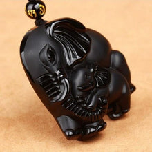 Load image into Gallery viewer, NATURAL BLACK OBSIDIAN CARVED MOTHER ELEPHANT NECKLACE