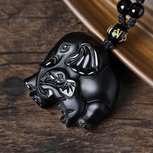 Load image into Gallery viewer, NATURAL BLACK OBSIDIAN CARVED MOTHER ELEPHANT NECKLACE