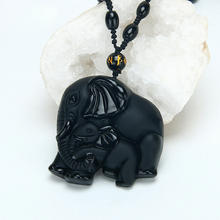 Load image into Gallery viewer, NATURAL BLACK OBSIDIAN CARVED MOTHER ELEPHANT NECKLACE