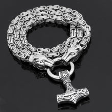 Load image into Gallery viewer, Stainless Steel Viking Oidn Wolf Head with Thor Hammer MJOLNIR necklace