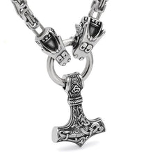 Load image into Gallery viewer, Stainless Steel Viking Oidn Wolf Head with Thor Hammer MJOLNIR necklace