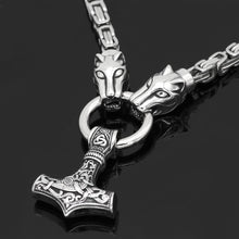 Load image into Gallery viewer, Stainless Steel Viking Oidn Wolf Head with Thor Hammer MJOLNIR necklace