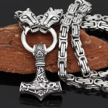 Load image into Gallery viewer, Stainless Steel Viking Oidn Wolf Head with Thor Hammer MJOLNIR necklace