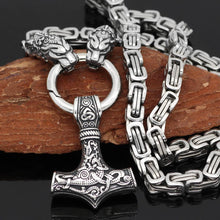 Load image into Gallery viewer, Stainless Steel Viking Oidn Wolf Head with Thor Hammer MJOLNIR necklace