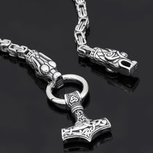 Load image into Gallery viewer, Stainless Steel Viking Oidn Wolf Head with Thor Hammer MJOLNIR necklace