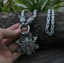 Load image into Gallery viewer, Viking wolf head with Odin Necklace