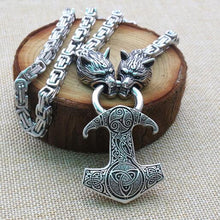 Load image into Gallery viewer, Viking wolf head with Odin Necklace