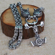 Load image into Gallery viewer, Viking wolf head with Odin Necklace