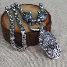 Load image into Gallery viewer, Viking wolf head with Odin Necklace