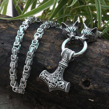 Load image into Gallery viewer, Viking wolf head with Odin Necklace