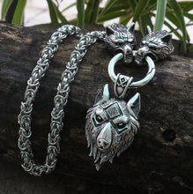 Load image into Gallery viewer, Viking wolf head with Odin Necklace